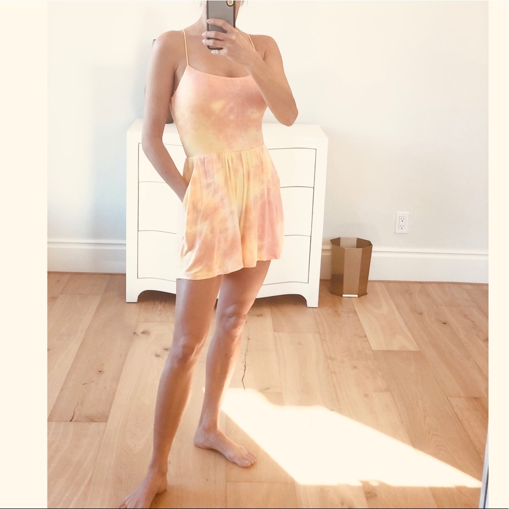 LAST 1! Tie Dye Romper Lace Up Back Yellow Small - Picture 6 of 9